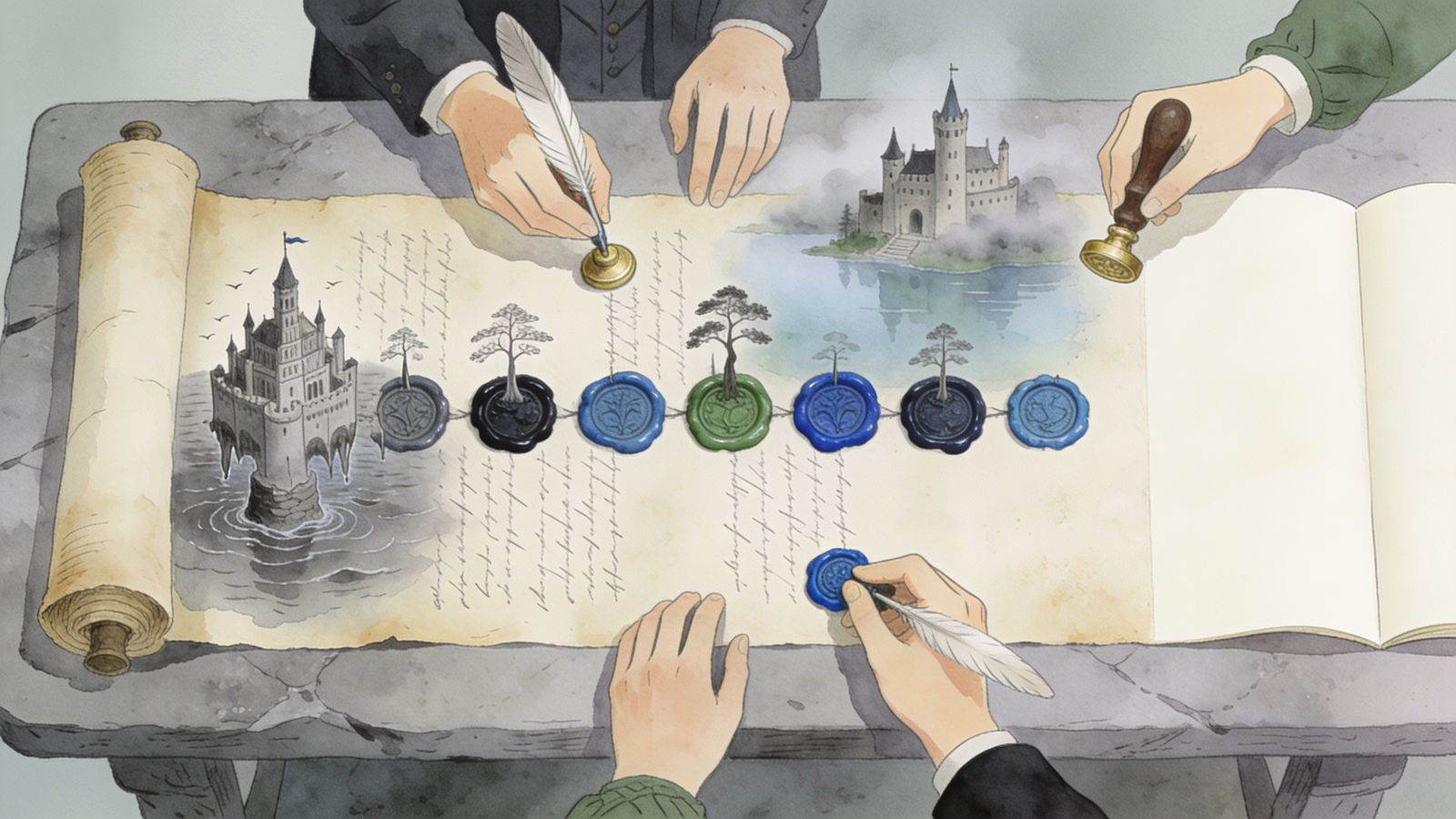 A long scroll unrolled across a table while several hands press wax seals onto it.